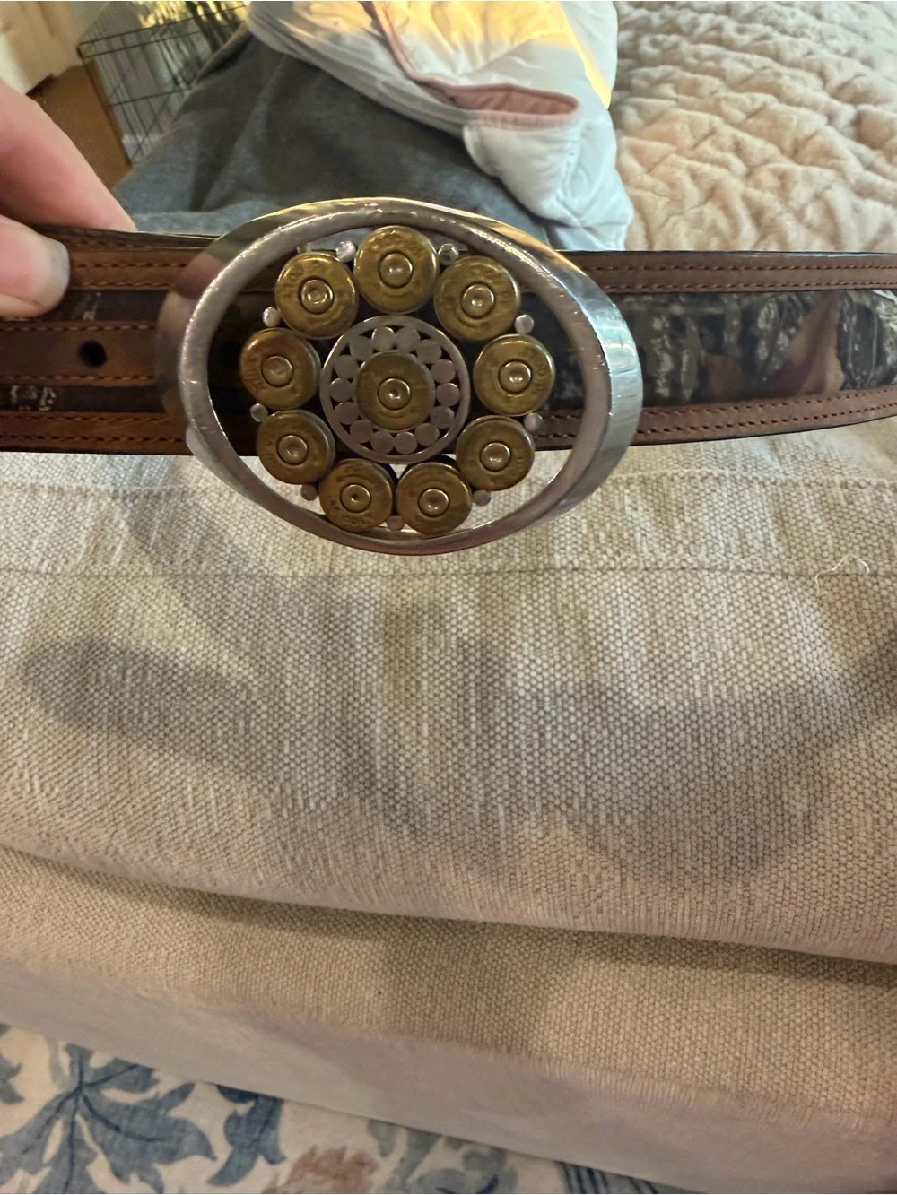 Nocona Belt Co Men’s Western Leather Belt Size 46 Brown Camo 12 Gauge Shell Buck